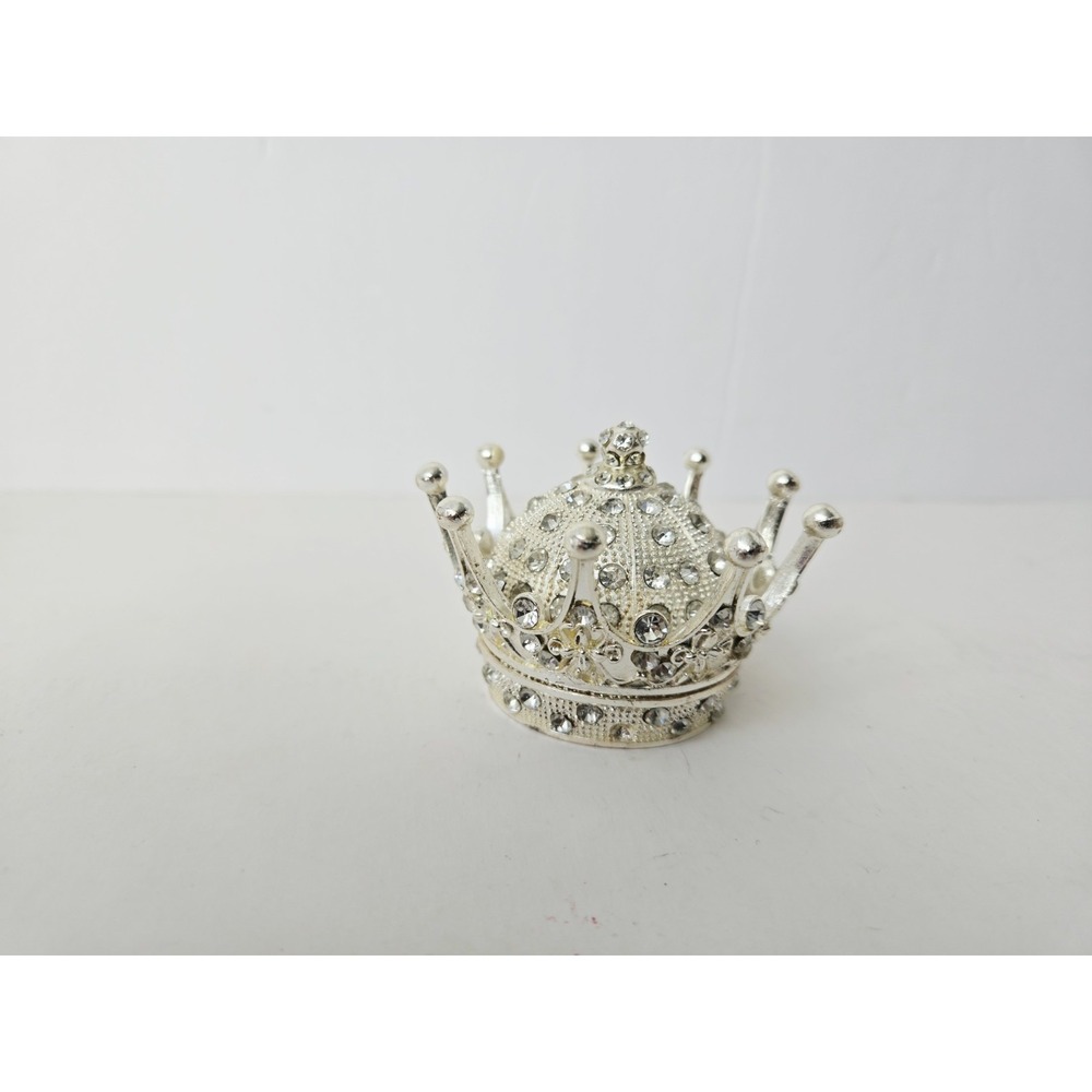 Decorative Trinket Box rhinestone hinged silver tone crown princess